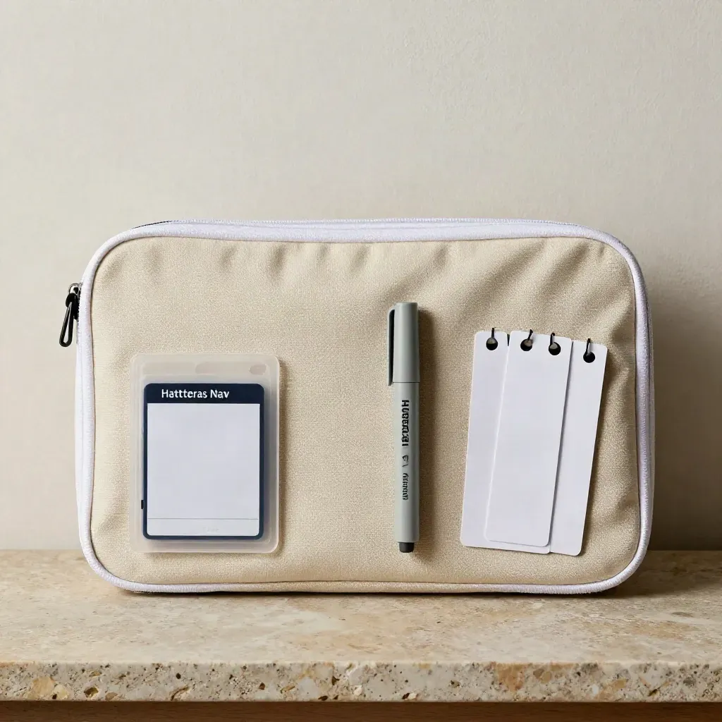 Flatlay of a zippered chart case, memory card, marker, and clipped route tabs on warm stone.