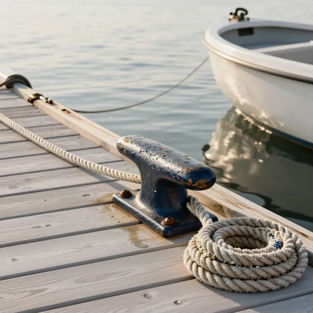 Dock cleat, slack line, coiled rope, and a boat bow easing free in morning spray