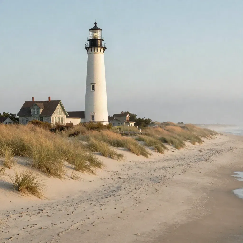 Cape Hatteras Lighthouse above dune grass and cottages in golden fog