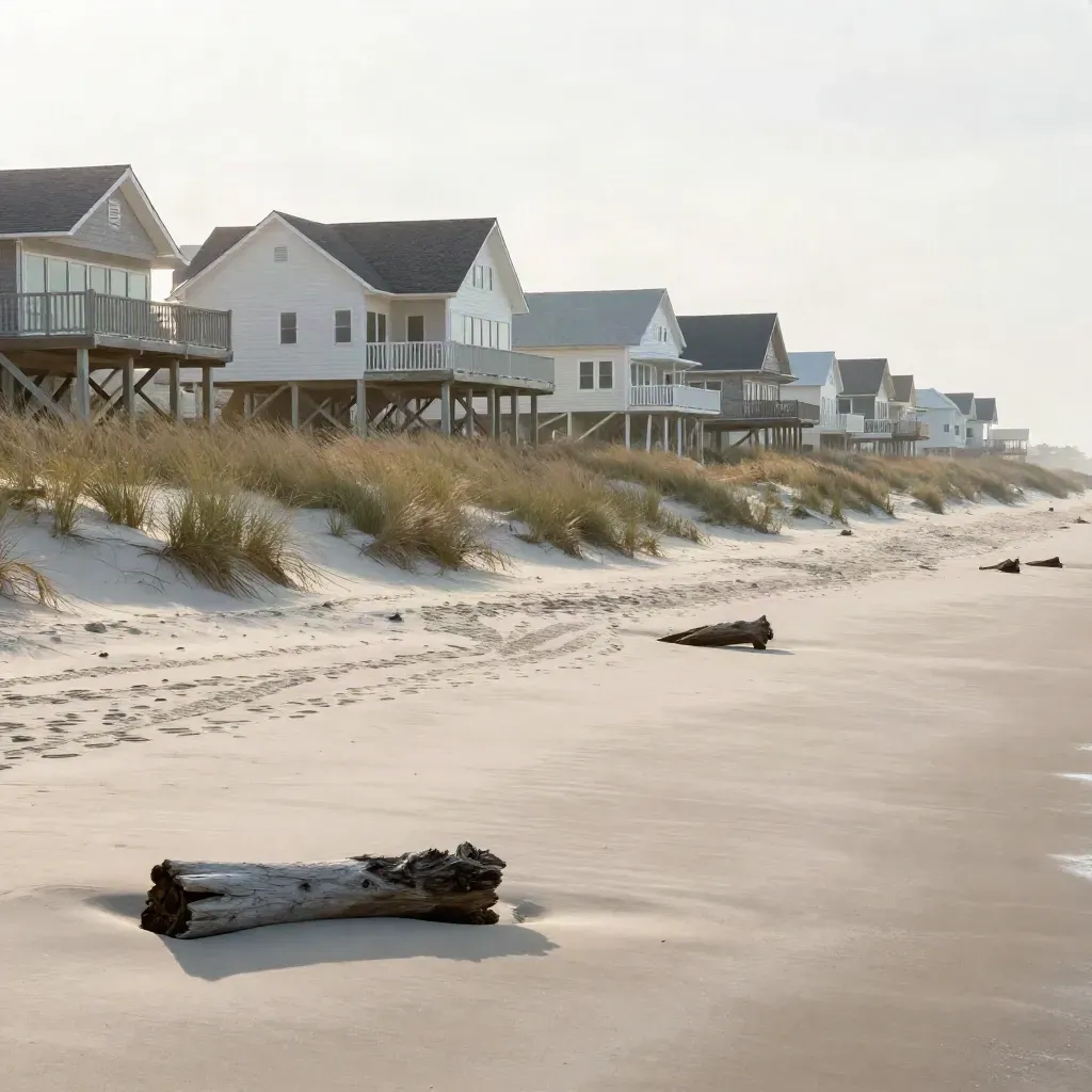 Stilted coastal houses on a dune ridge above calm sandy foreground in soft morning haze.