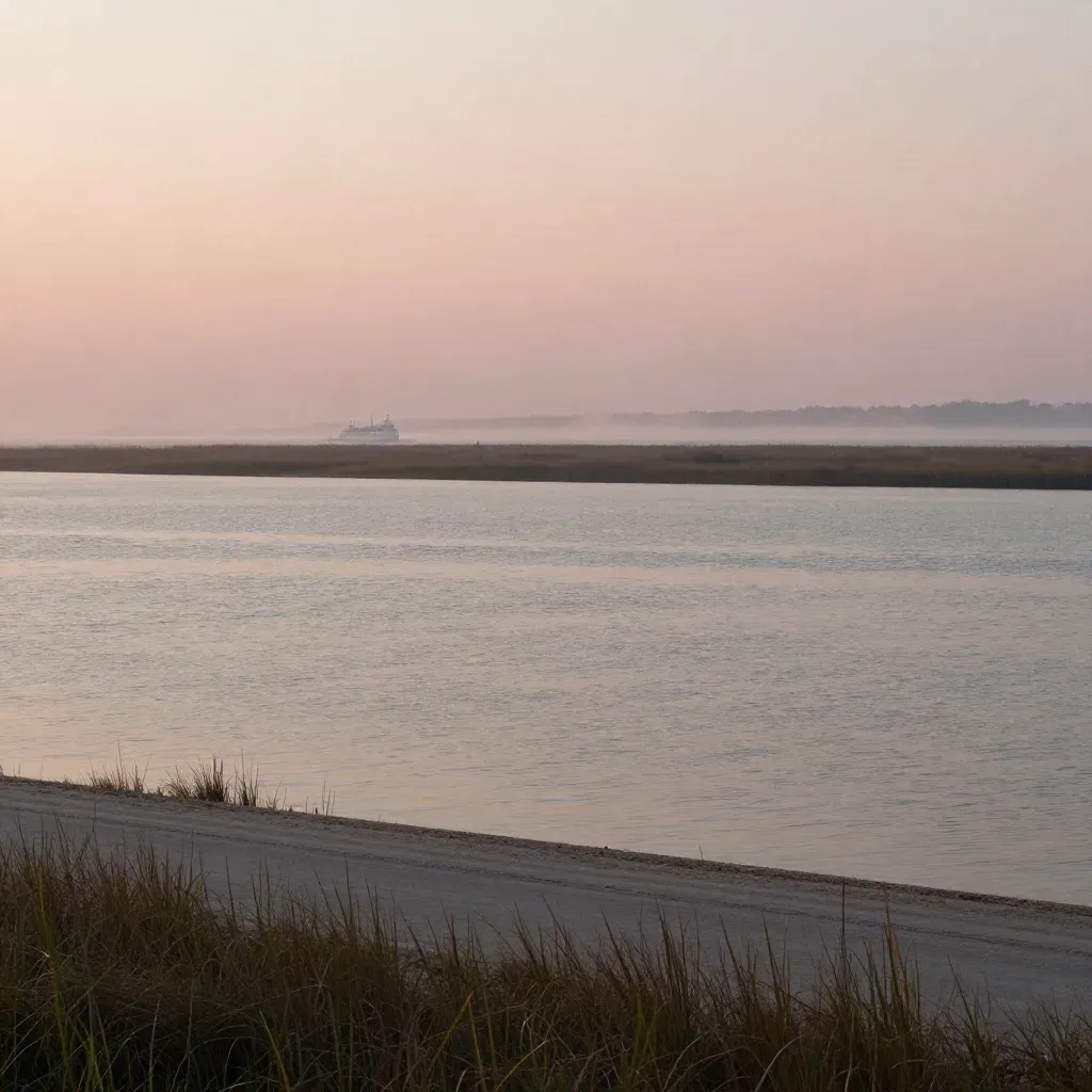 Glassy Pamlico Sound with marsh grass and a distant ferry under rose sunrise haze.
