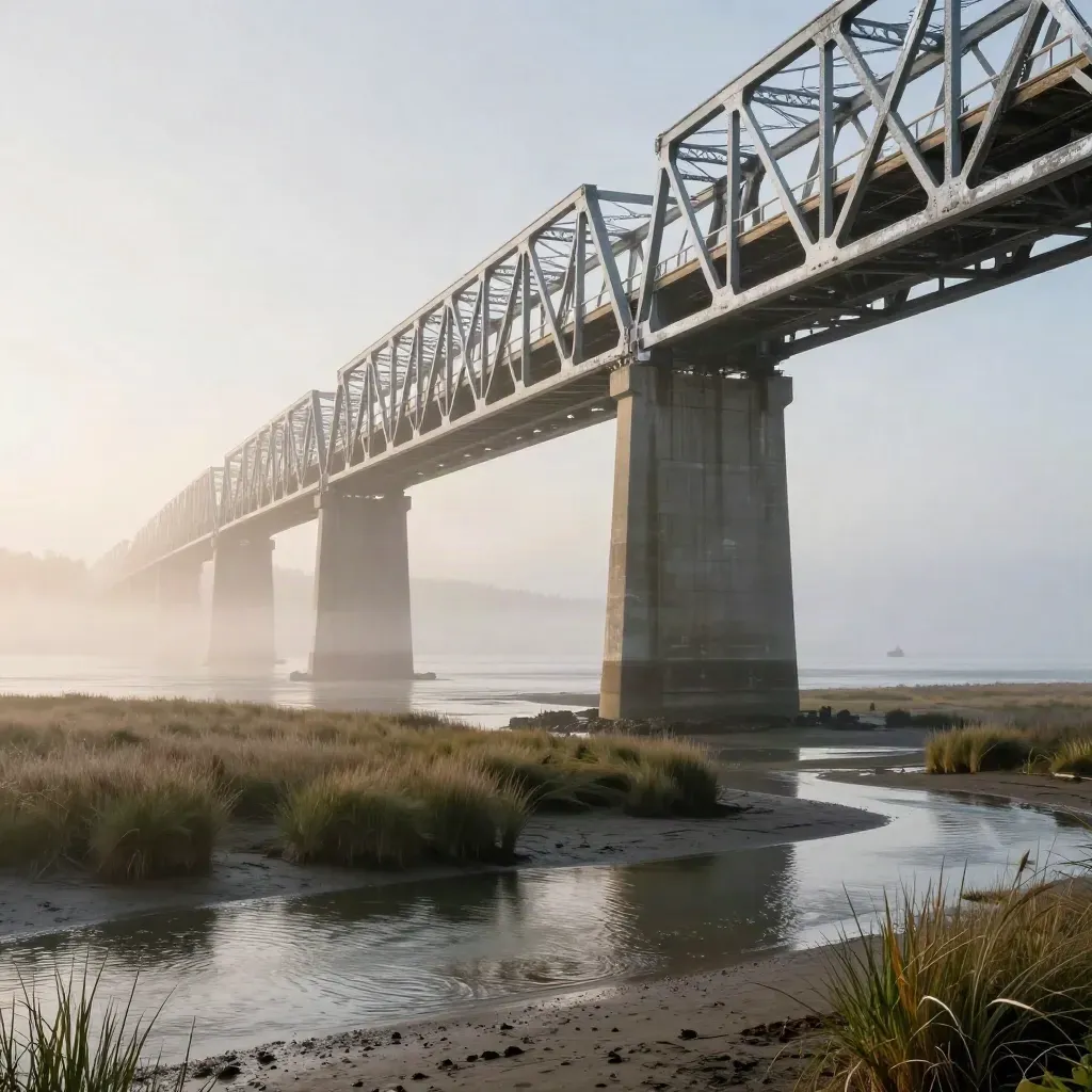 Oregon Inlet Bridge over calm marsh water in warm morning haze