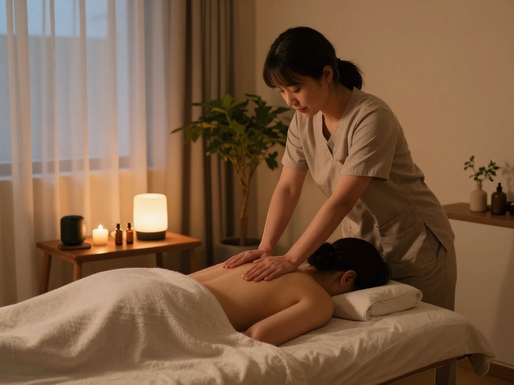 오산출장마사지 - relaxing home massage scene with therapist and client