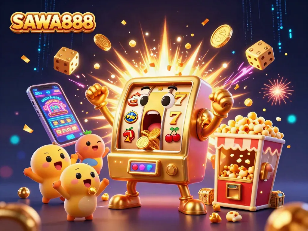 SAWA888 slot machine bursts with coins as baby slot machines cheer, showcasing dynamic casino action.