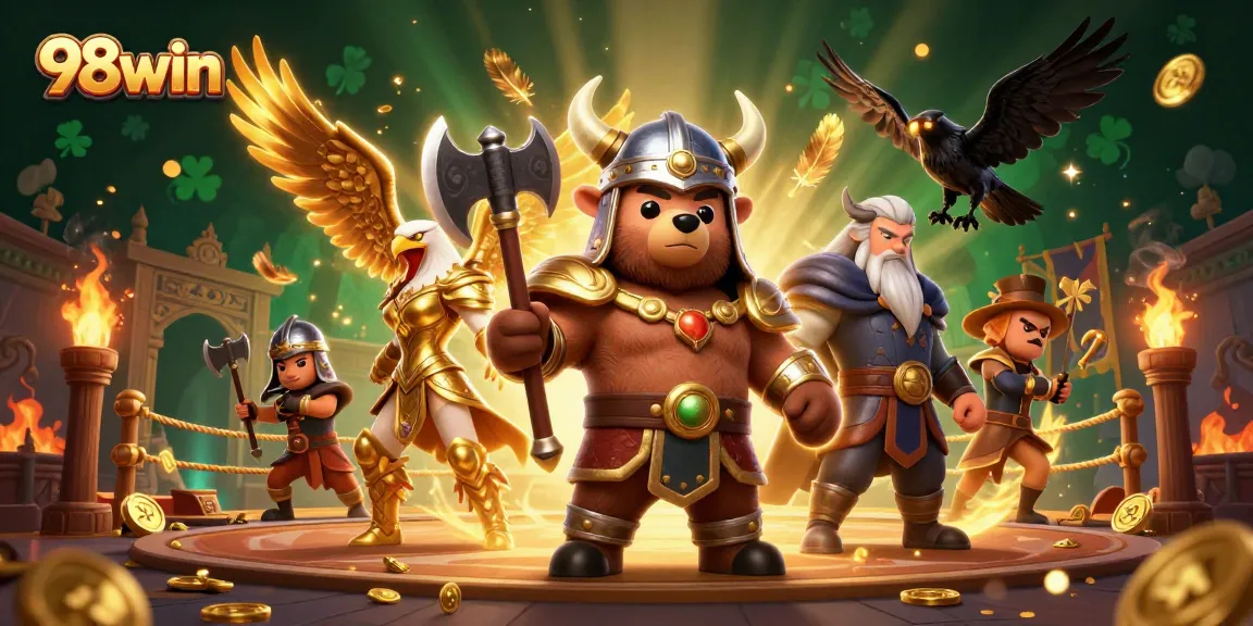 Engage with immersive 98win casino experience featuring dynamic Viking bear and Valkyrie eagle.
