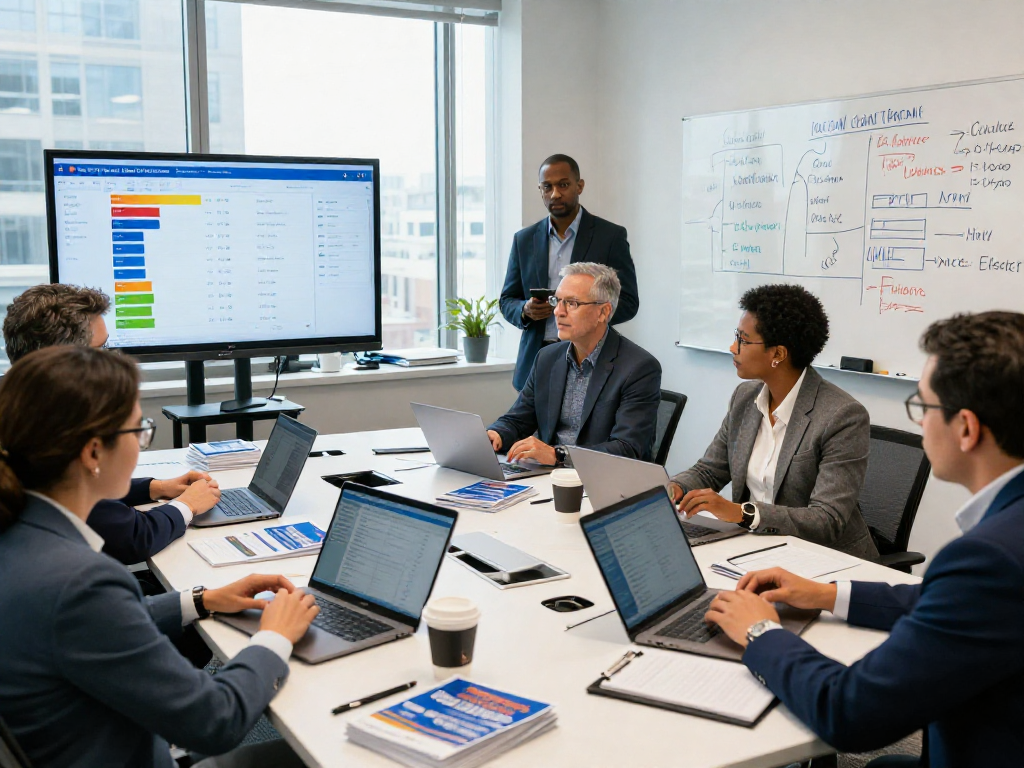 Judge campaign consultant leading a strategy meeting with voter data analytics displayed on laptops.