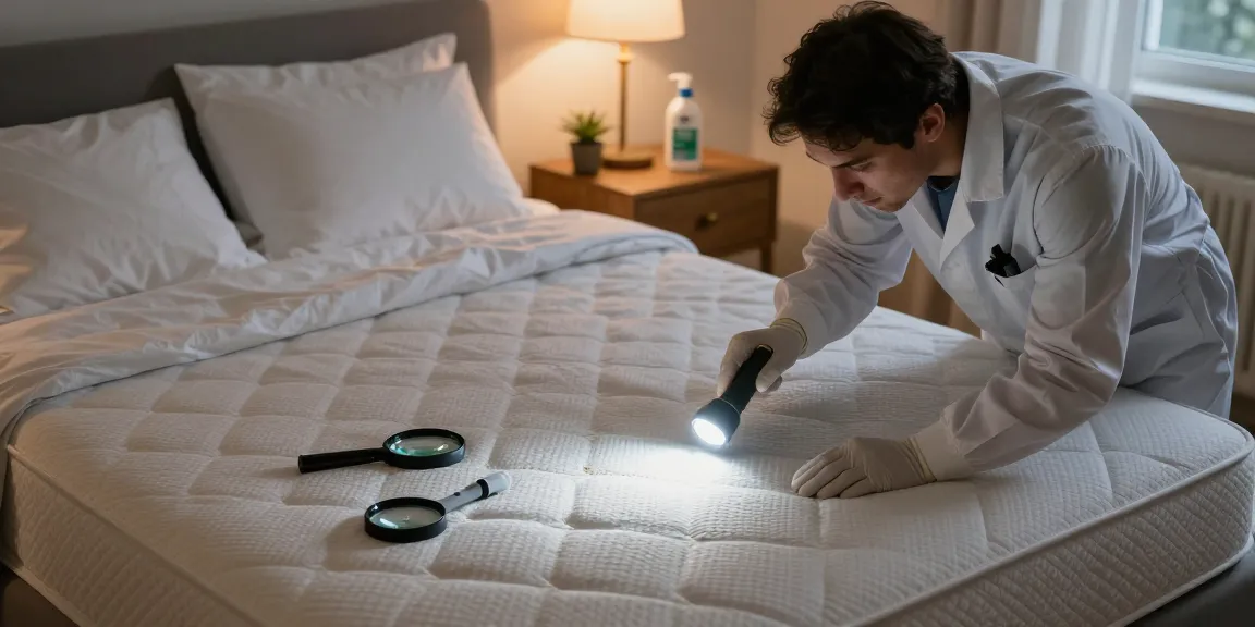 Effective bed bug control examination in a cozy bedroom with expert tools and warm lighting.