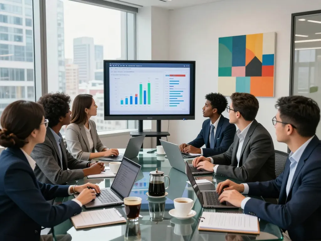Engaging team meeting at a modern office focusing on strategic discussions in search firms.