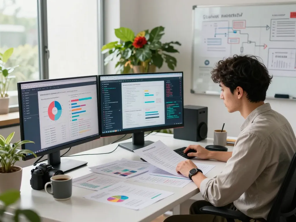 Person analyzing data on sex ai trends in a modern study space with multiple screens and research papers.