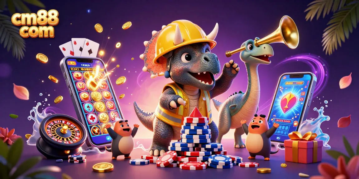 Experience thrilling gameplay with cm88 com, featuring a triceratops building poker chips amidst a vibrant casino scene.