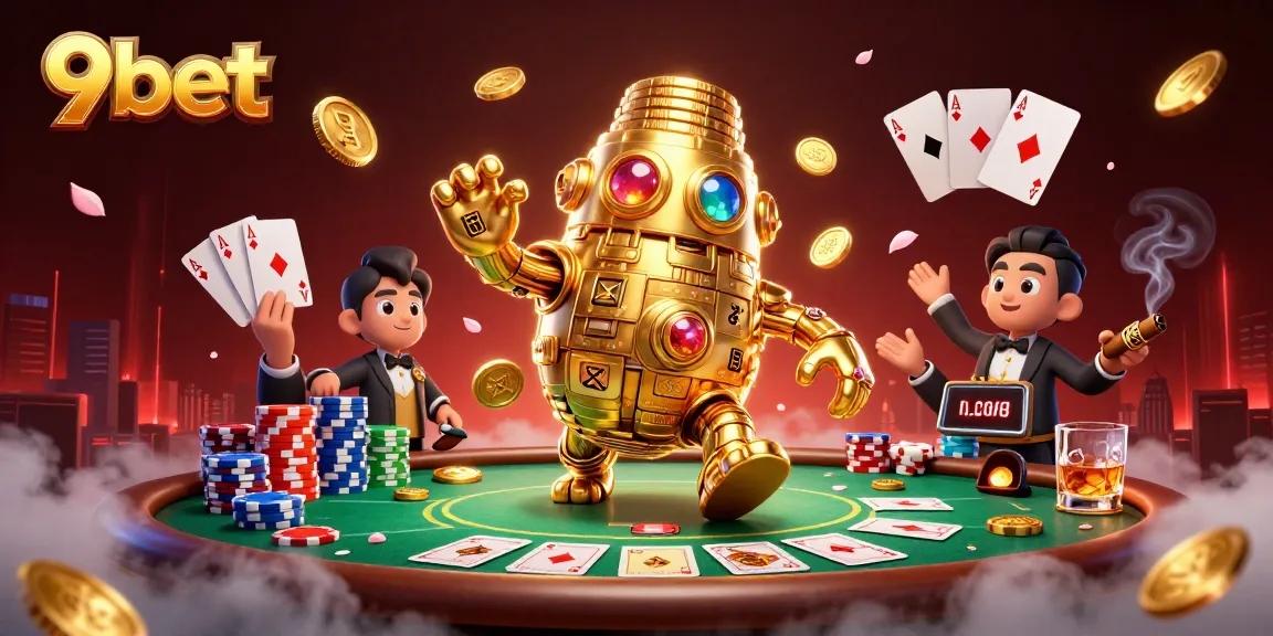 Engage with thrilling poker action and golden golem imagery showcasing 9bet casino excitement.