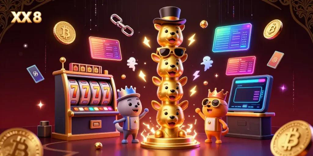 Experience the thrilling casino essence of XX 8 with vibrant slot reels and glowing crypto coins.