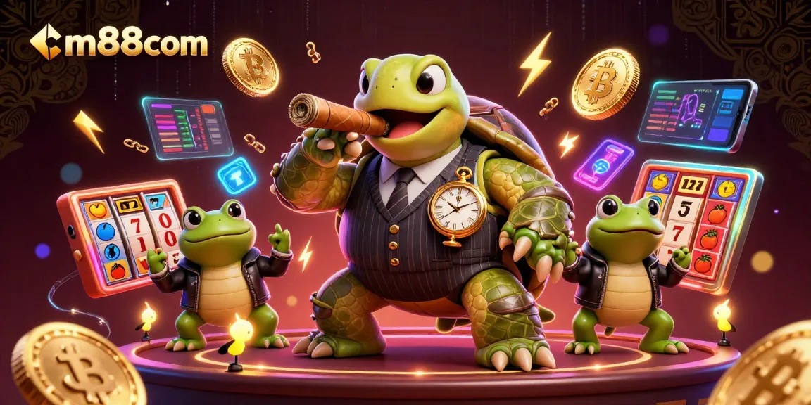 cm88com showcases an exciting betting scene with a snapping turtle and bullfrog enforcers interacting amid vibrant casino elements.