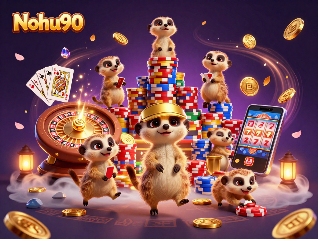 Nohu90 meerkats managing a vibrant casino scene with golden coins and a roulette wheel