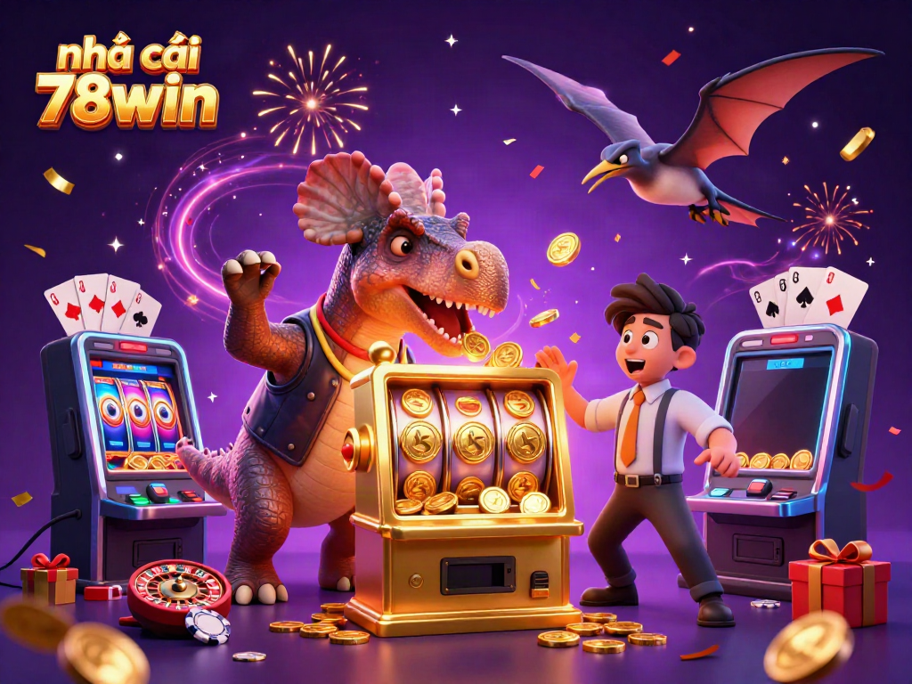 A 3D scene showcasing nhà cái 78win with an animated pachycephalosaurus celebrating a jackpot from a golden slot machine, surrounded by casino game elements.