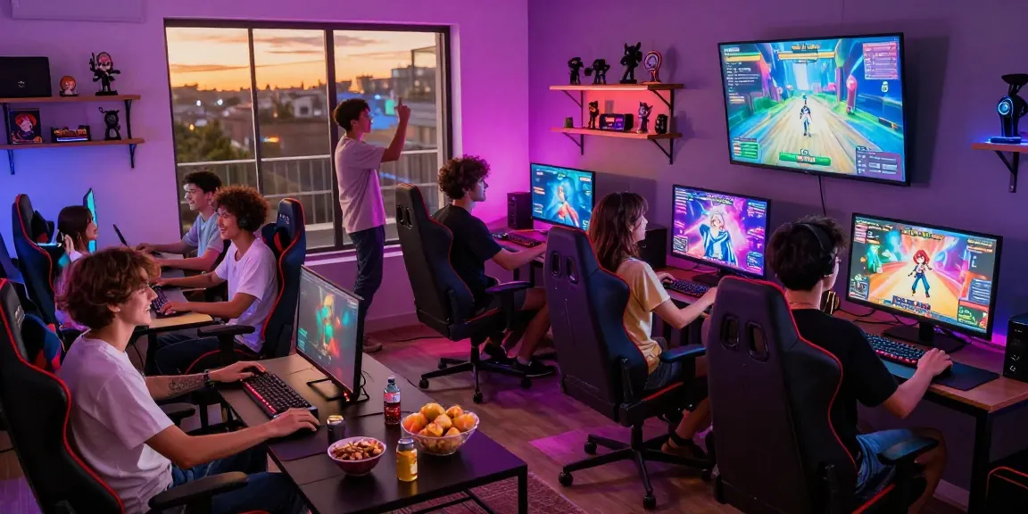 Friends enjoying hentaigames together in vibrant gaming lounge filled with colorful lights and dynamic visuals.