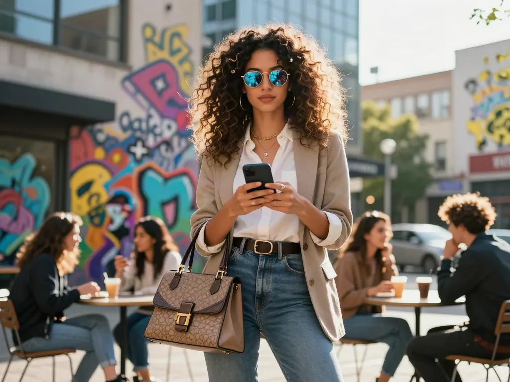Woman showcasing curly clip in hair extensions in a vibrant urban environment.