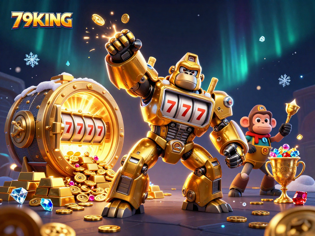 Experience thrilling slots action with the 79KING golden gorilla mech amidst gold and gems.