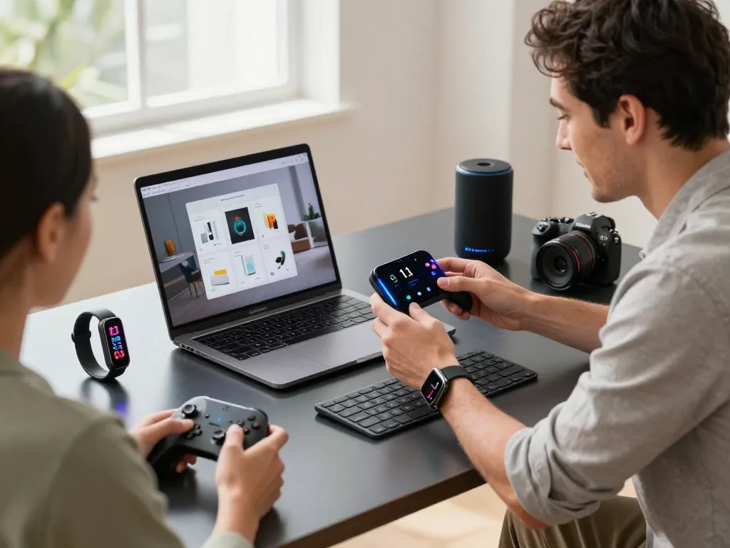 Best tech gadgets for men in a collaborative workspace showcasing Bluetooth devices and smart technology.