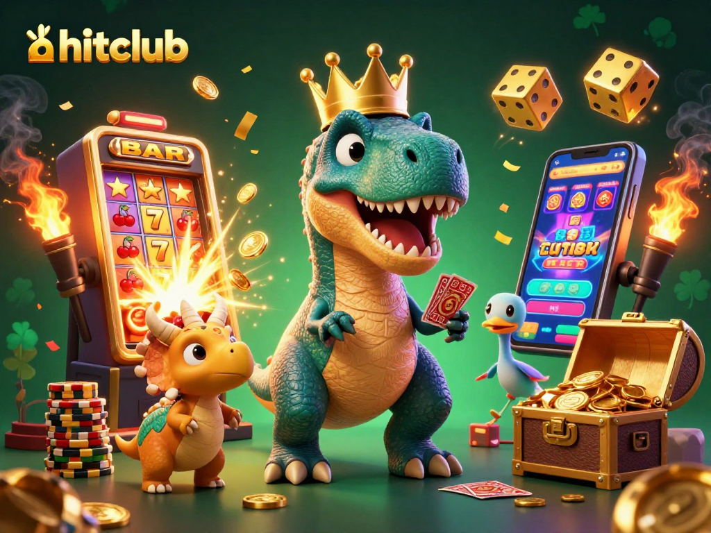 hitclub engages in exciting slot play with a fun T-Rex and friends, surrounded by colorful casino elements.