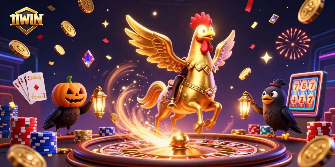Experience thrilling gaming excitement with 11WIN, in a dynamic casino scene featuring golden rooster and intense action.