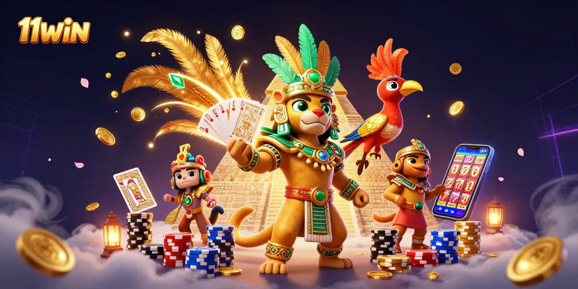 Experience excitement with 11WIN's captivating casino scene filled with vibrant characters and game elements.