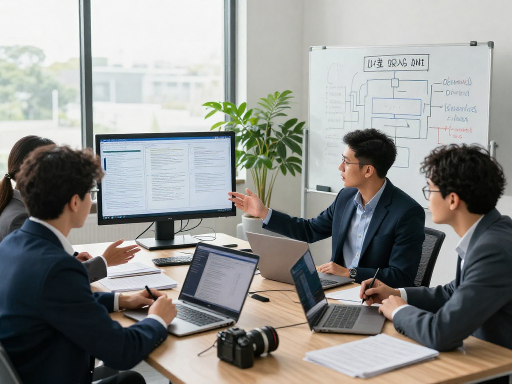 Collaborative team analyzing document fraud detection data in a modern office.