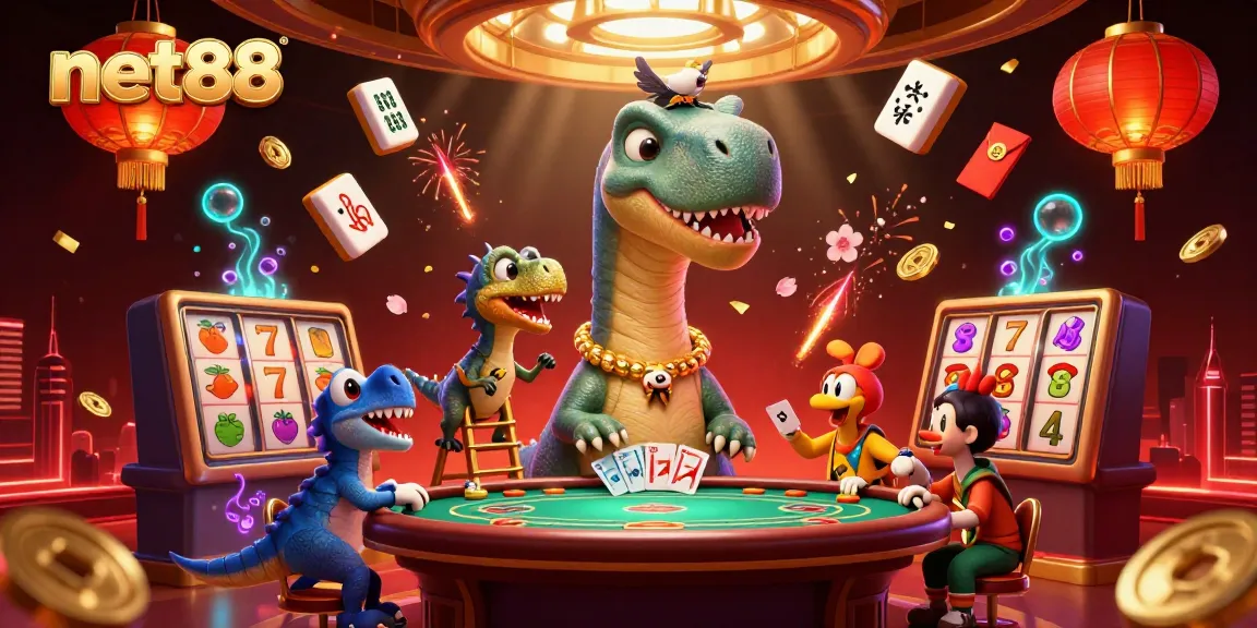 Engage with net88's vibrant casino scene showcasing a playful brontosaurus and raptor dealer.
