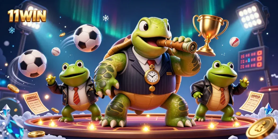 Win big at 11WIN with an engaging illustration of a turtle mobster and bullfrog enforcers.