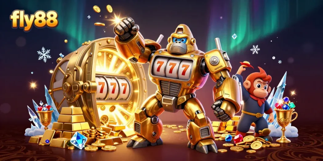 Experience the excitement of fly88 with a golden gorilla mech and vibrant casino elements.