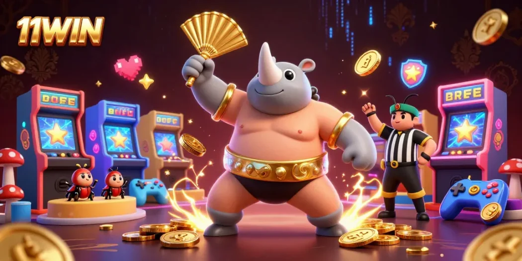 Engage in thrilling gameplay with the 11WIN rhinoceros beetle sumo champion and colorful casino elements.