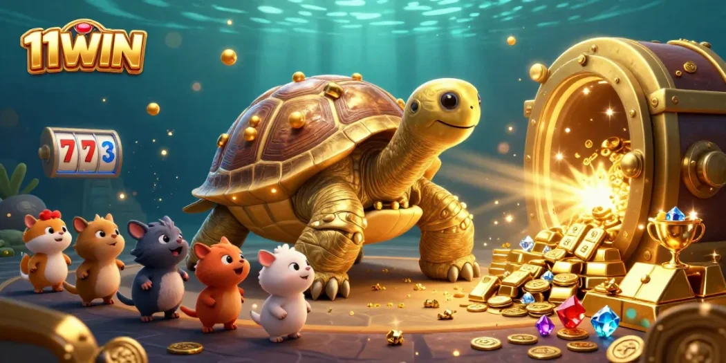 Spin and win at the vibrant 11WIN online casino featuring a colossal tortoise pinball machine.