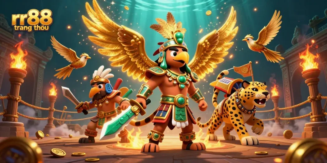 Engage in thrilling gaming at rr88 trang chủ, featuring Aztec warriors and vibrant casino elements.