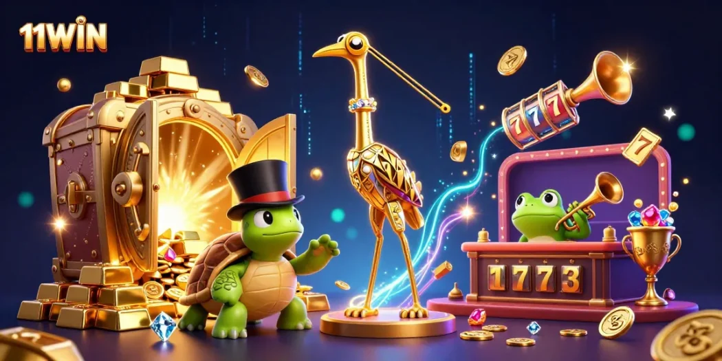 Experience the thrilling world of 11WIN with a vibrant casino scene of treasure and fun.