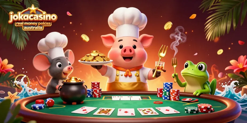Enjoy fun at jokacasino real money pokies Australia, featuring vibrant characters, gold coins, and poker elements.