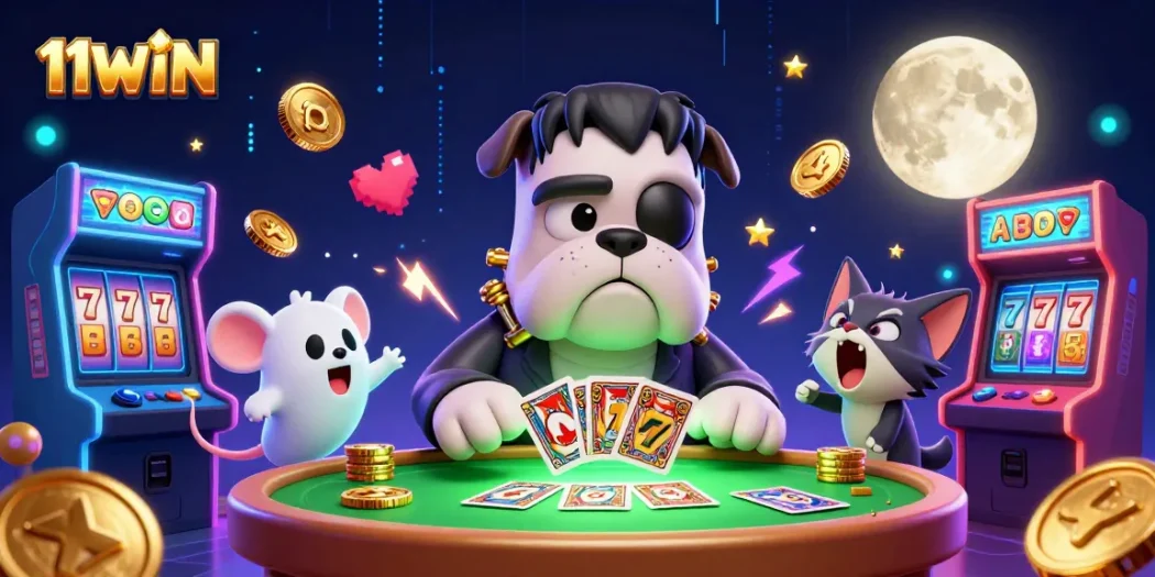 The 11WIN casino scene features a cartoon bulldog dealing cards, surrounded by vibrant gaming elements.