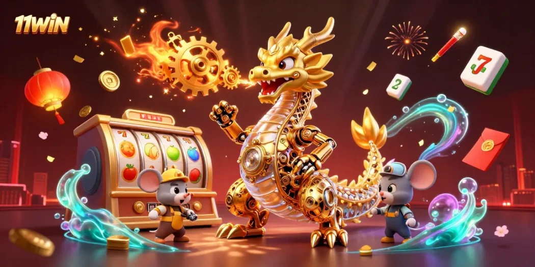 Experience thrilling wins with 11WIN as the golden dragon breathes excitement in this engaging casino scene.