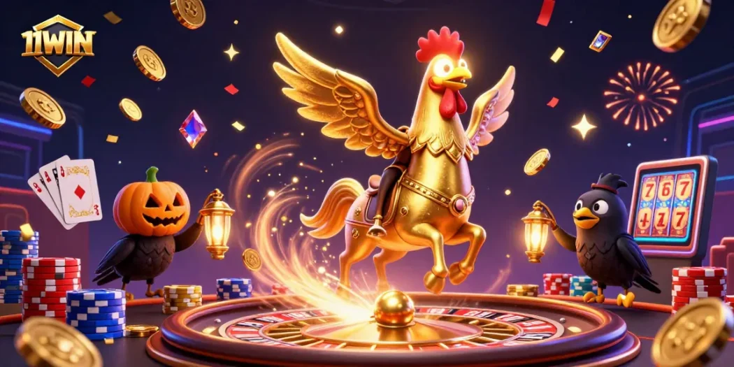 Experience thrilling gaming excitement with 11WIN, in a dynamic casino scene featuring golden rooster and intense action.