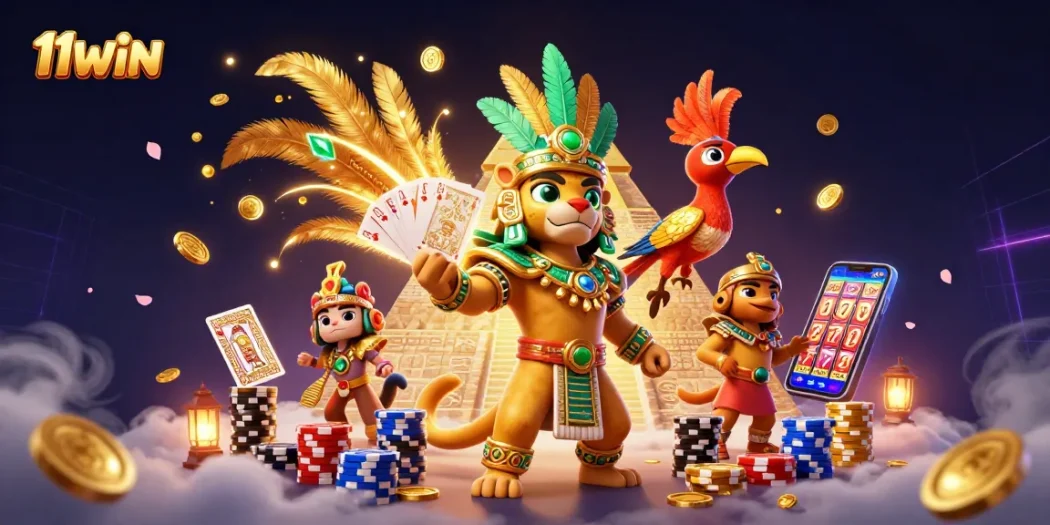 Experience excitement with 11WIN's captivating casino scene filled with vibrant characters and game elements.